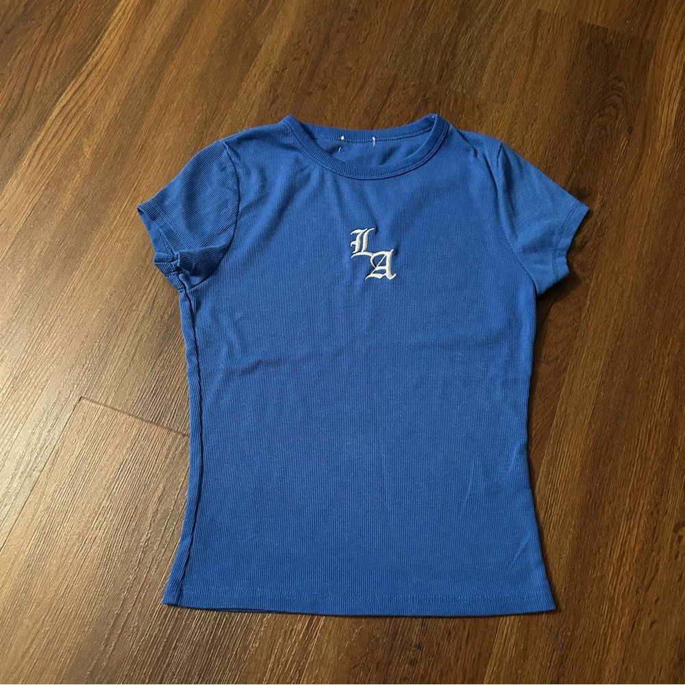 Los Angeles Embroidered Blue Ribbed Tee Medium